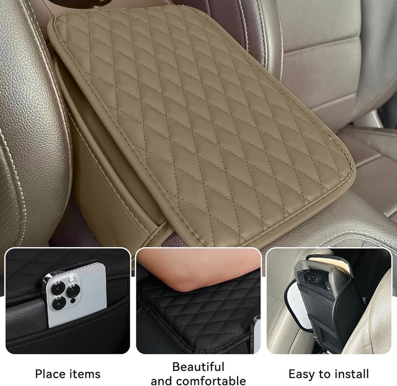 Tioollev Car Armrest Box Cover Diamond Quilted Grade Leather Console Organizer Car with Side Storage Pocket Universal Vehicle Middle Console Cover, Most Vehicle, SUV, Truck. (Beige) - Image 3